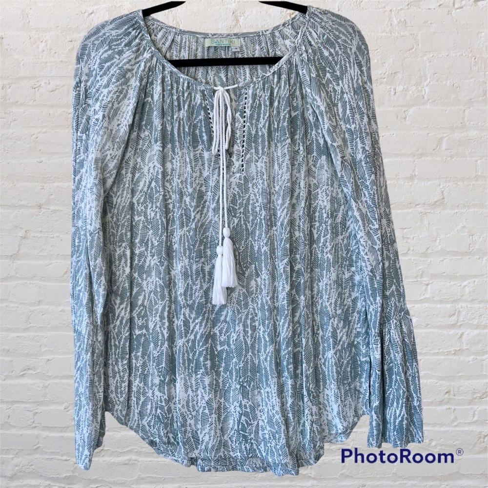 Santiki Medium Long Sleeve Tulip Cuff Blouse Light Blue Ivory Tassel Ties NWOT